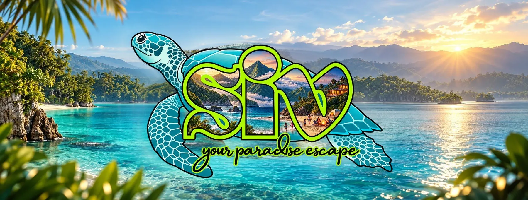 SIV logo over a turquoise cove with jungle, mountains and a sunrise