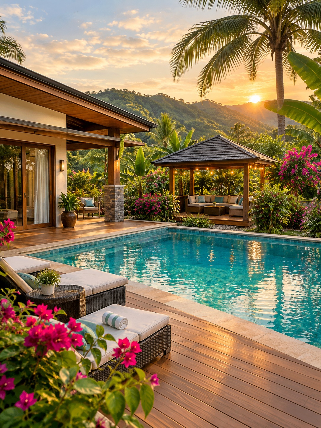 Private pool villa with a tropical garden at golden hour