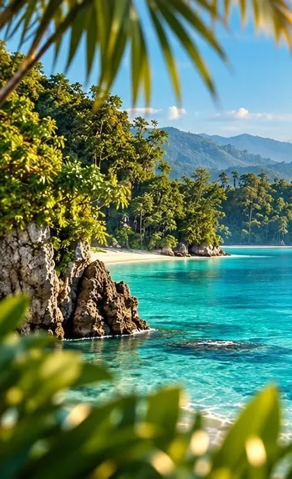Turquoise cove with a rocky point and jungle