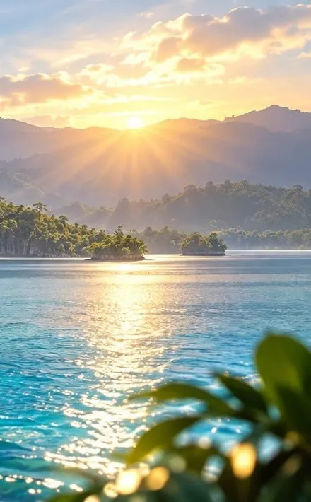 Sunrise over green mountains and a calm bay